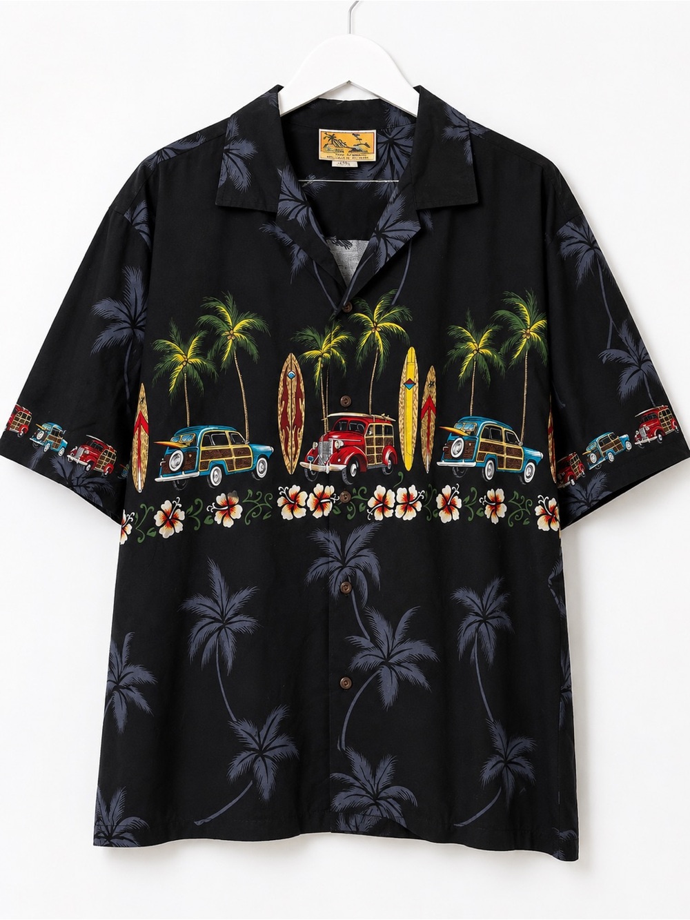 Winnie Fashion Hawaii Aloha Shirt XL Black Woody Car Surfboard Tropical